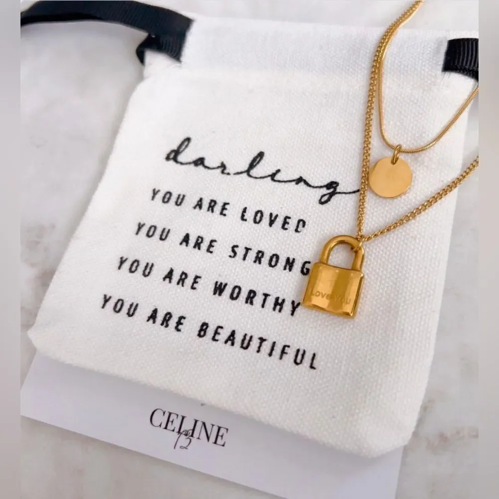 CELINE13 Women’s‎ Lock Charm Layered Necklace Affirmation Pouch Included